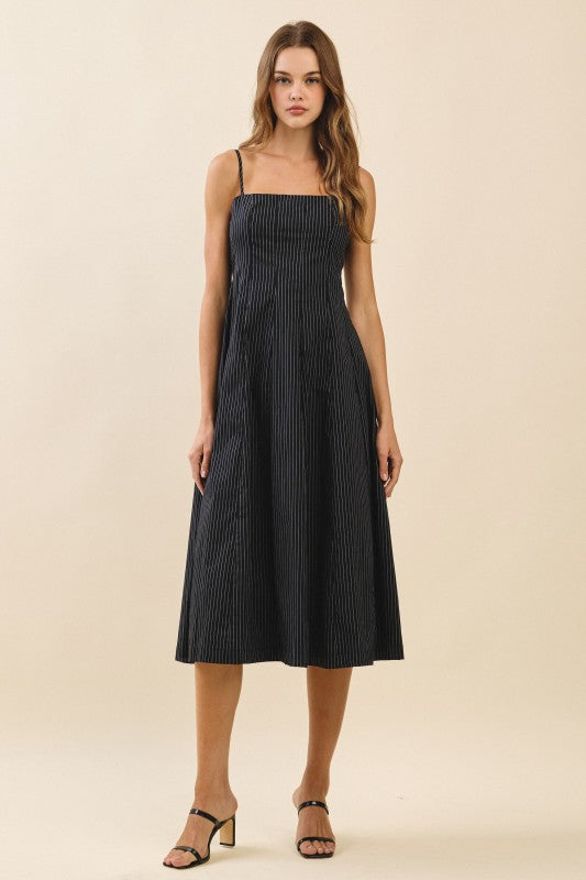 Sleeveless Stripe Print Midi Dress Black