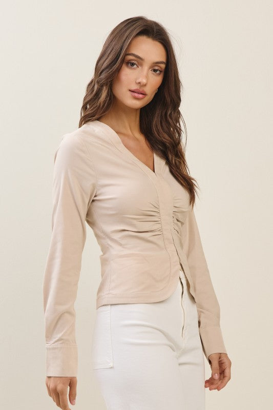Long Sleeve Button Down Top Taupe