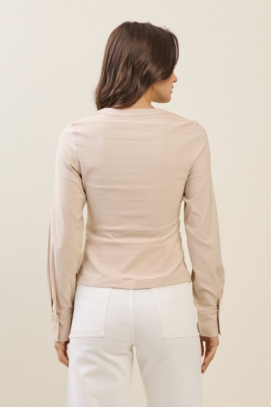 Long Sleeve Button Down Top Taupe