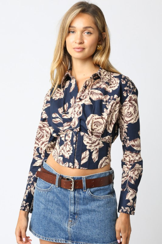 Long Sleeve Corset Floral Print Crop Top Navy