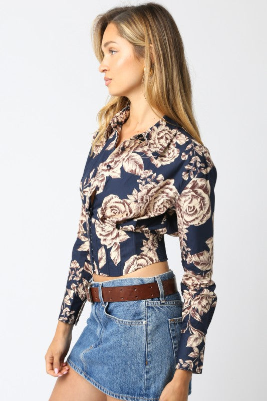Long Sleeve Corset Floral Print Crop Top Navy