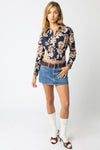 Long Sleeve Corset Floral Print Crop Top Navy