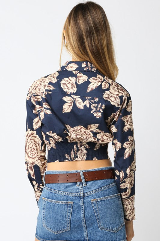 Long Sleeve Corset Floral Print Crop Top Navy