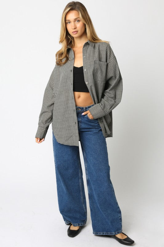 Long Sleeve Oversized Button Down Gingham Print Top Black