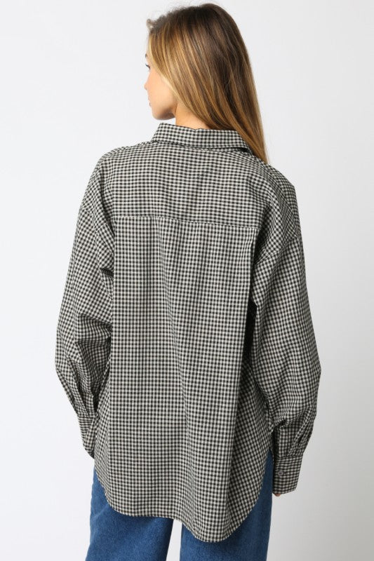 Long Sleeve Oversized Button Down Gingham Print Top Black