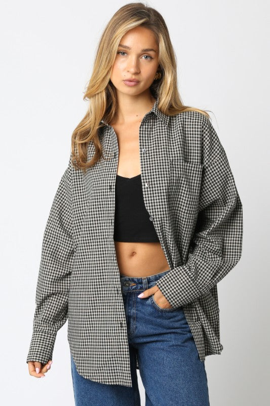 Long Sleeve Oversized Button Down Gingham Print Top Black