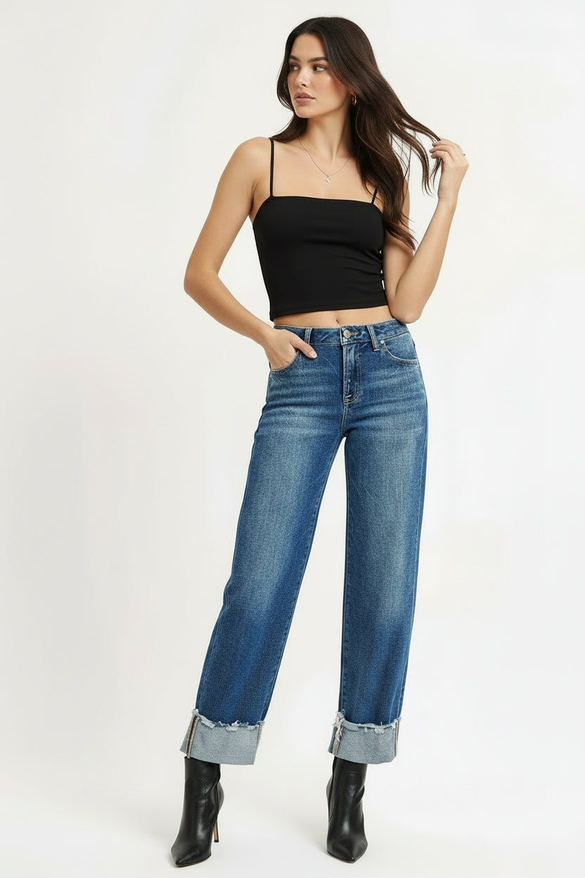 High Rise Cuffed Wide Leg Jeans Medium Wash