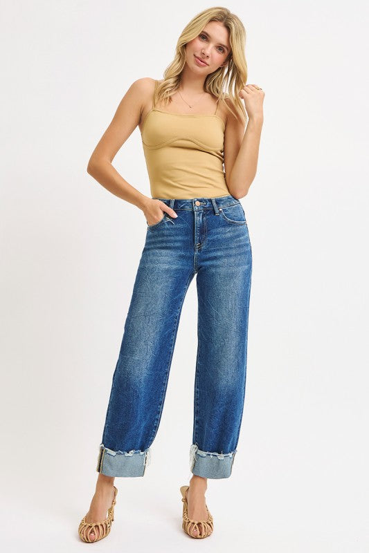 High Rise Cuffed Wide Leg Jeans Medium Wash