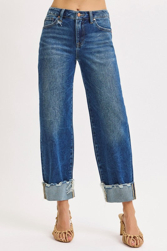 High Rise Cuffed Wide Leg Jeans Medium Wash