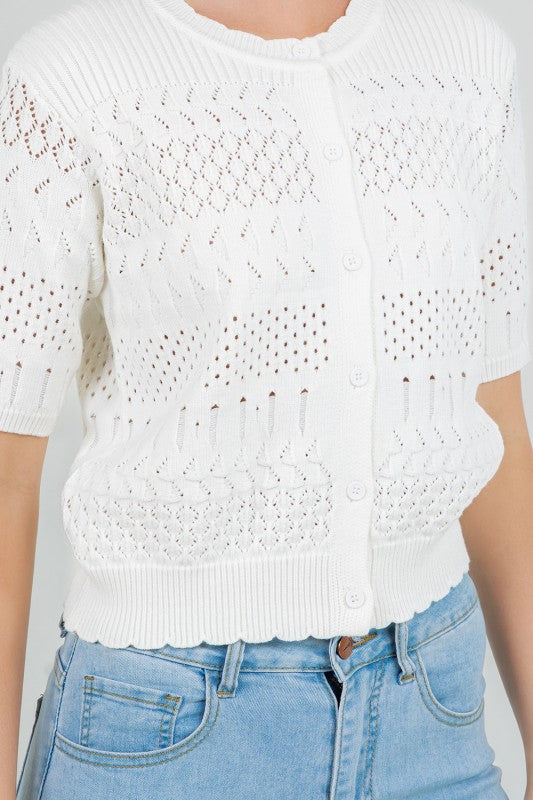 Short Sleeve Button Down Pointelle Knit Top Ivory