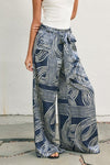 High Waist Abstract Print Satin Wide Leg Pants Navy