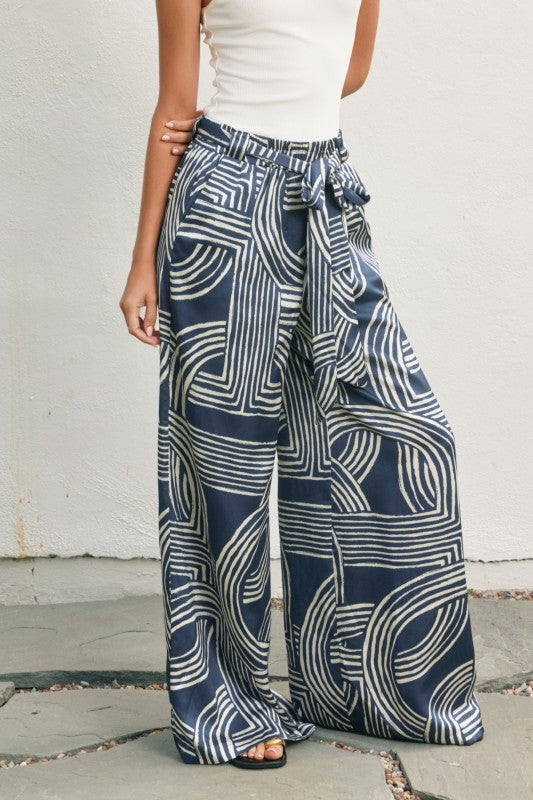 High Waist Abstract Print Satin Wide Leg Pants Navy
