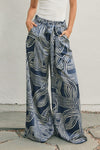 High Waist Abstract Print Satin Wide Leg Pants Navy