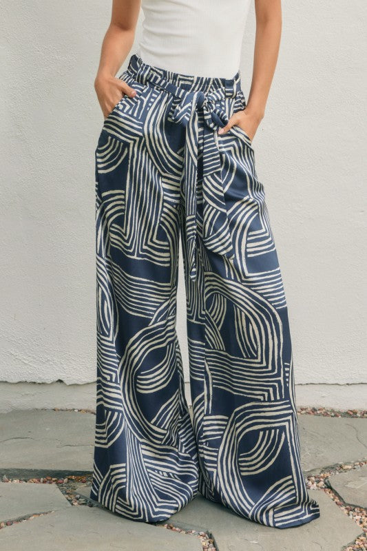 High Waist Abstract Print Satin Wide Leg Pants Navy