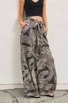 High Waist Abstract Print Satin Wide Leg Pants Black