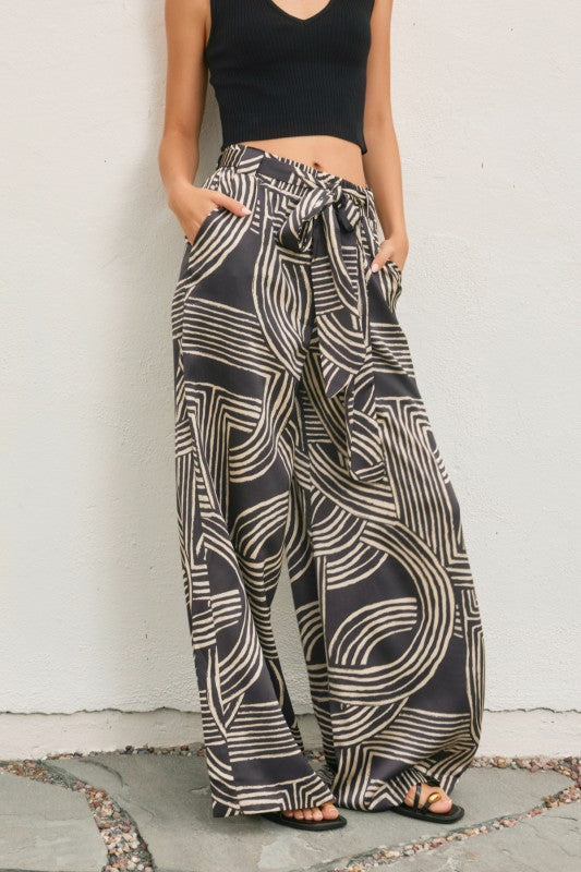 High Waist Abstract Print Satin Wide Leg Pants Black