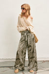 High Waist Abstract Print Satin Wide Leg Pants Olive