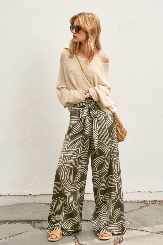 High Waist Abstract Print Satin Wide Leg Pants Olive