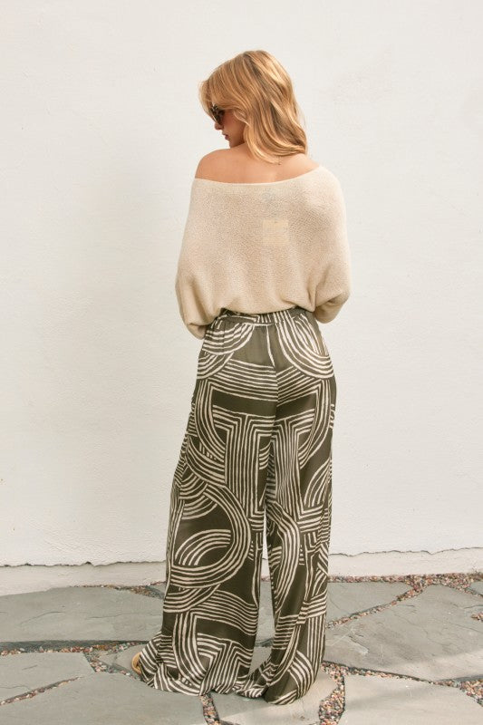 High Waist Abstract Print Satin Wide Leg Pants Olive