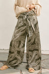 High Waist Abstract Print Satin Wide Leg Pants Olive