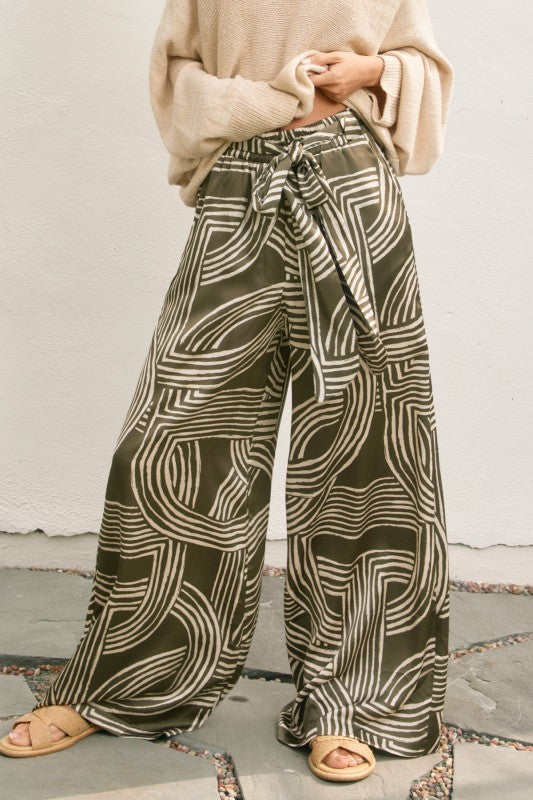 High Waist Abstract Print Satin Wide Leg Pants Olive