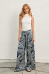 High Waist Abstract Print Satin Wide Leg Pants Navy