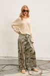High Waist Abstract Print Satin Wide Leg Pants Olive