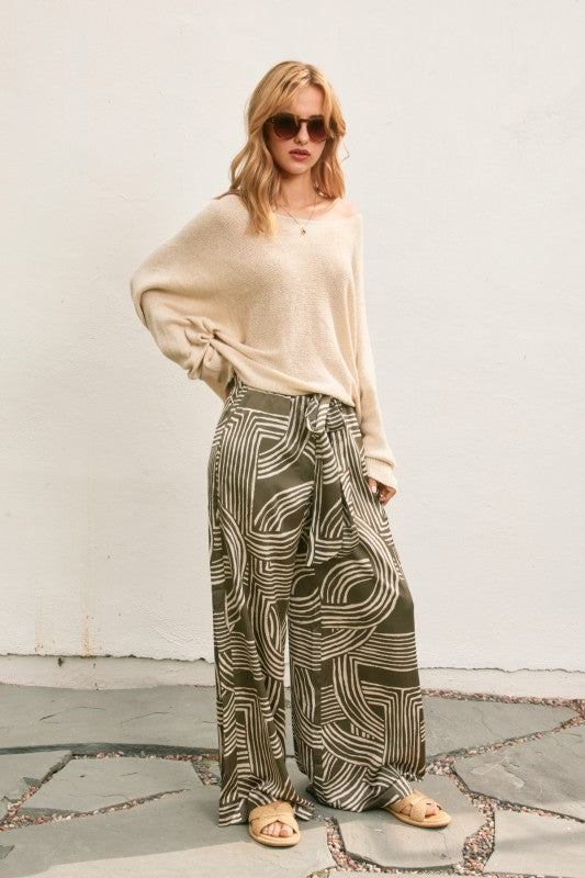 High Waist Abstract Print Satin Wide Leg Pants Olive