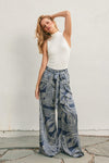 High Waist Abstract Print Satin Wide Leg Pants Navy