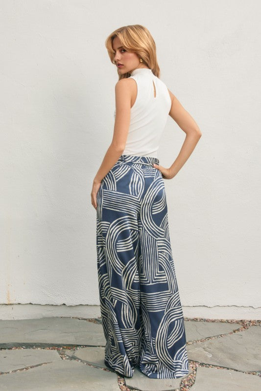 High Waist Abstract Print Satin Wide Leg Pants Navy