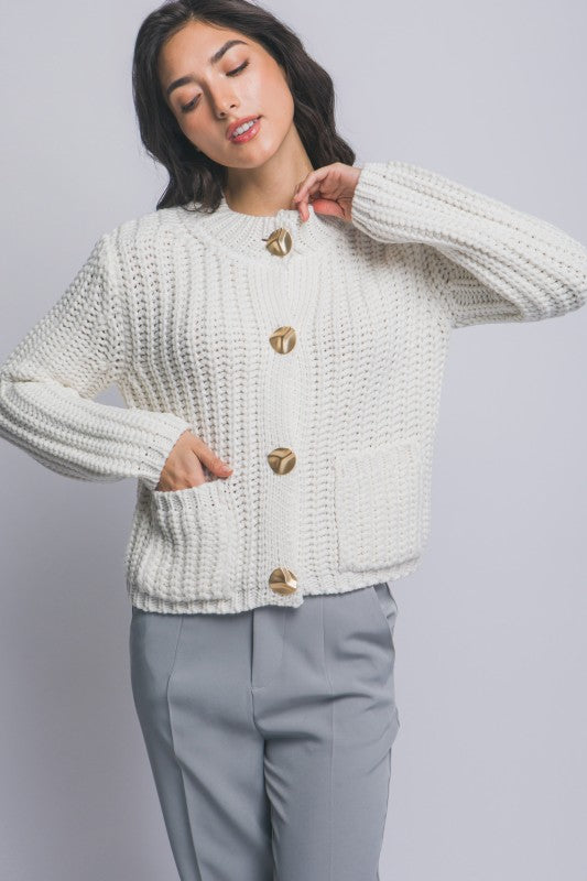 Long Sleeve Chunky Button Down Cardigan Ivory