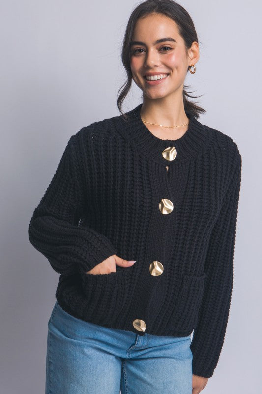 Long Sleeve Chunky Button Down Cardigan Black