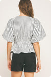 Short Puff Sleeve Gingham Print Peplum Top Ivory