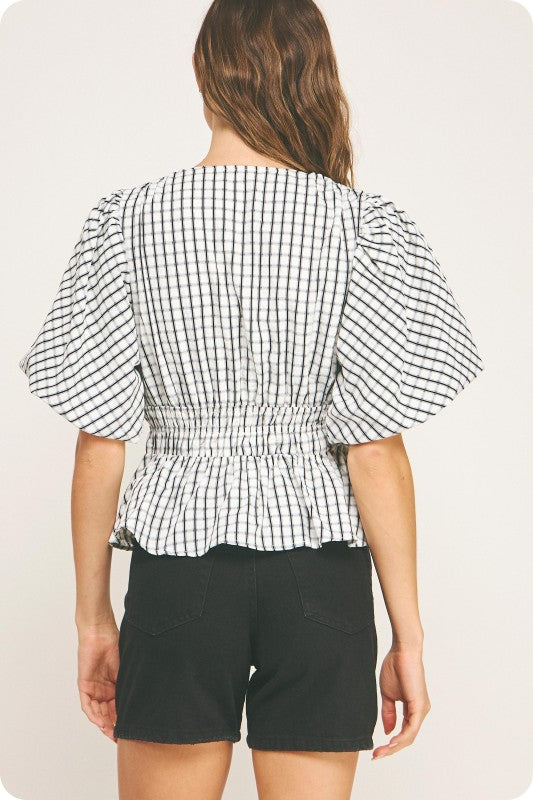 Short Puff Sleeve Gingham Print Peplum Top Ivory