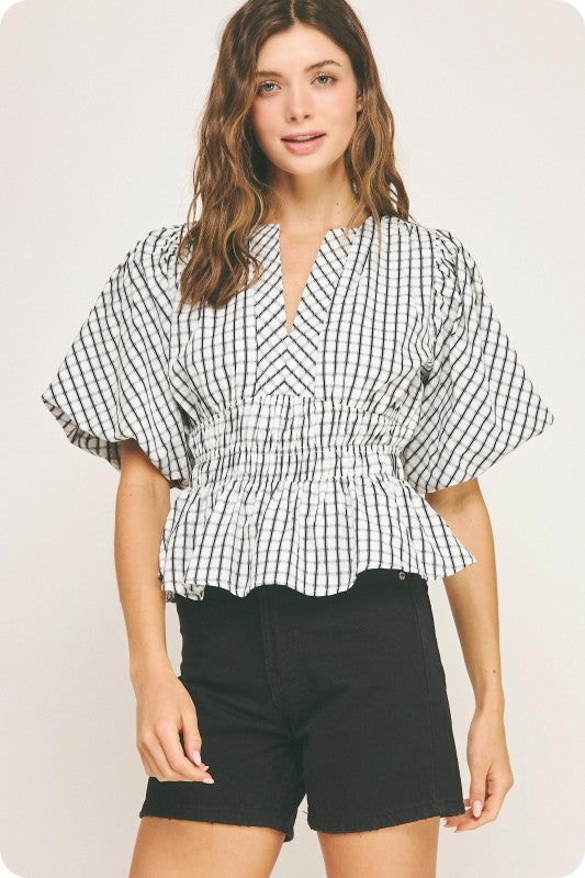 Short Puff Sleeve Gingham Print Peplum Top Ivory