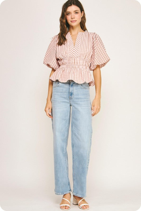 Short Puff Sleeve Gingham Print Peplum Top Pink