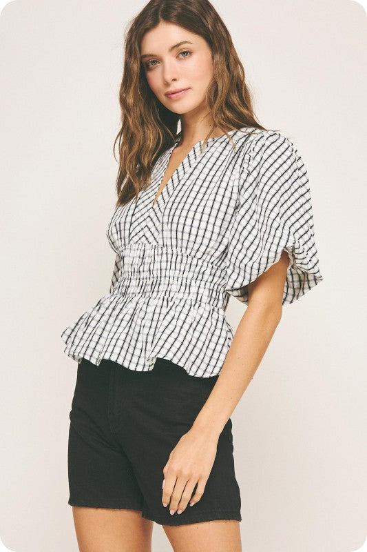 Short Puff Sleeve Gingham Print Peplum Top Ivory