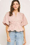 Short Puff Sleeve Gingham Print Peplum Top Pink