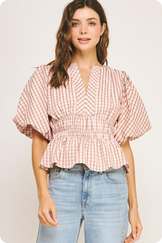 Short Puff Sleeve Gingham Print Peplum Top Pink