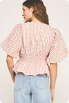 Short Puff Sleeve Gingham Print Peplum Top Pink