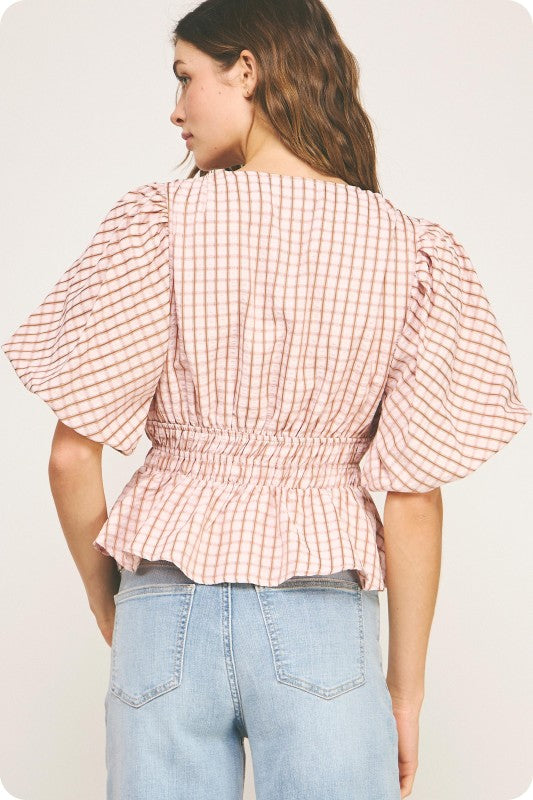 Short Puff Sleeve Gingham Print Peplum Top Pink