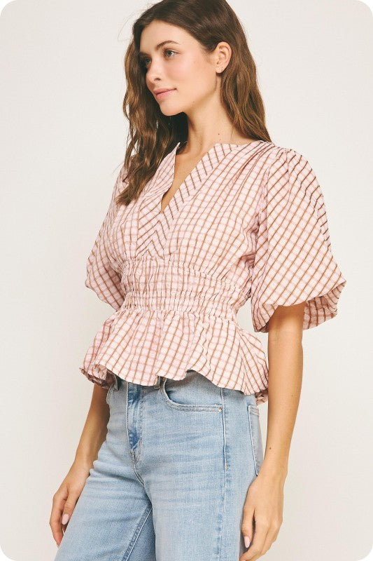 Short Puff Sleeve Gingham Print Peplum Top Pink