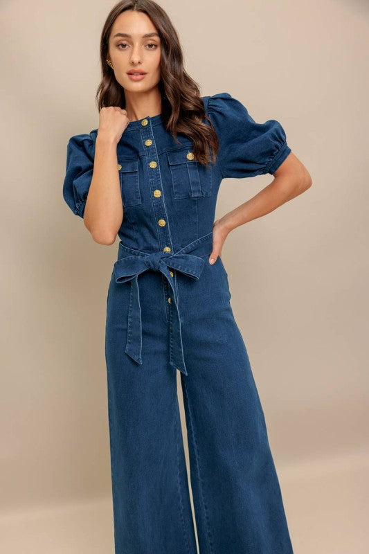 Short Puff Sleeve Waist Tie Wide Leg Denim Jumpsuit Dark Wash