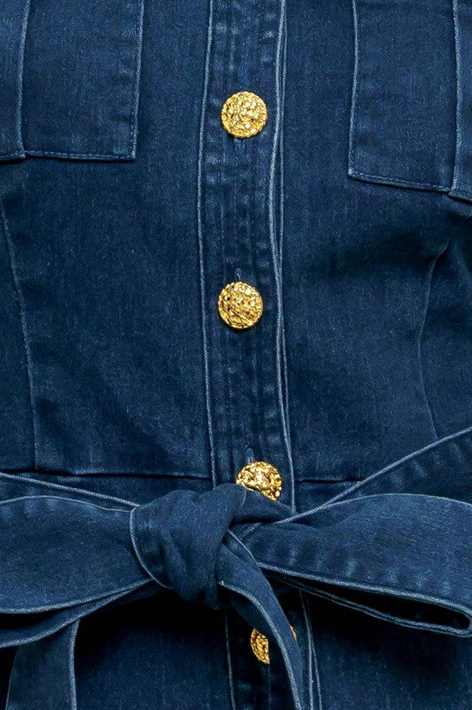 Short Puff Sleeve Waist Tie Wide Leg Denim Jumpsuit Dark Wash