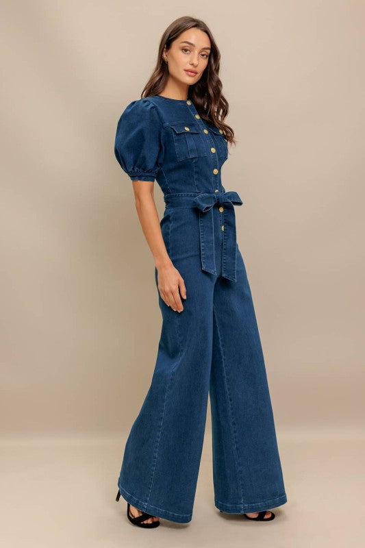 Short Puff Sleeve Waist Tie Wide Leg Denim Jumpsuit Dark Wash