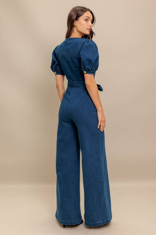 Short Puff Sleeve Waist Tie Wide Leg Denim Jumpsuit Dark Wash