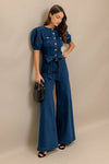 Short Puff Sleeve Waist Tie Wide Leg Denim Jumpsuit Dark Wash