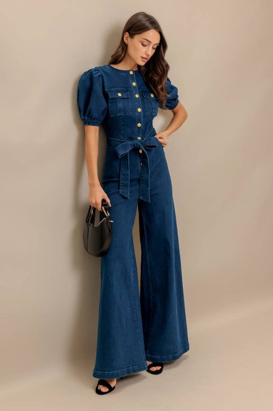 Short Puff Sleeve Waist Tie Wide Leg Denim Jumpsuit Dark Wash