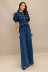 Short Puff Sleeve Waist Tie Wide Leg Denim Jumpsuit Dark Wash