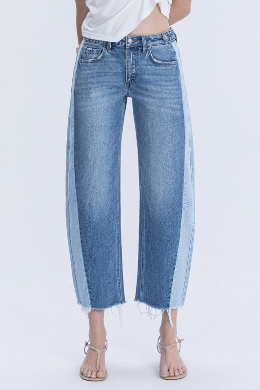 High Rise Cropped Barrel Two Tone Jeans Medium Wash